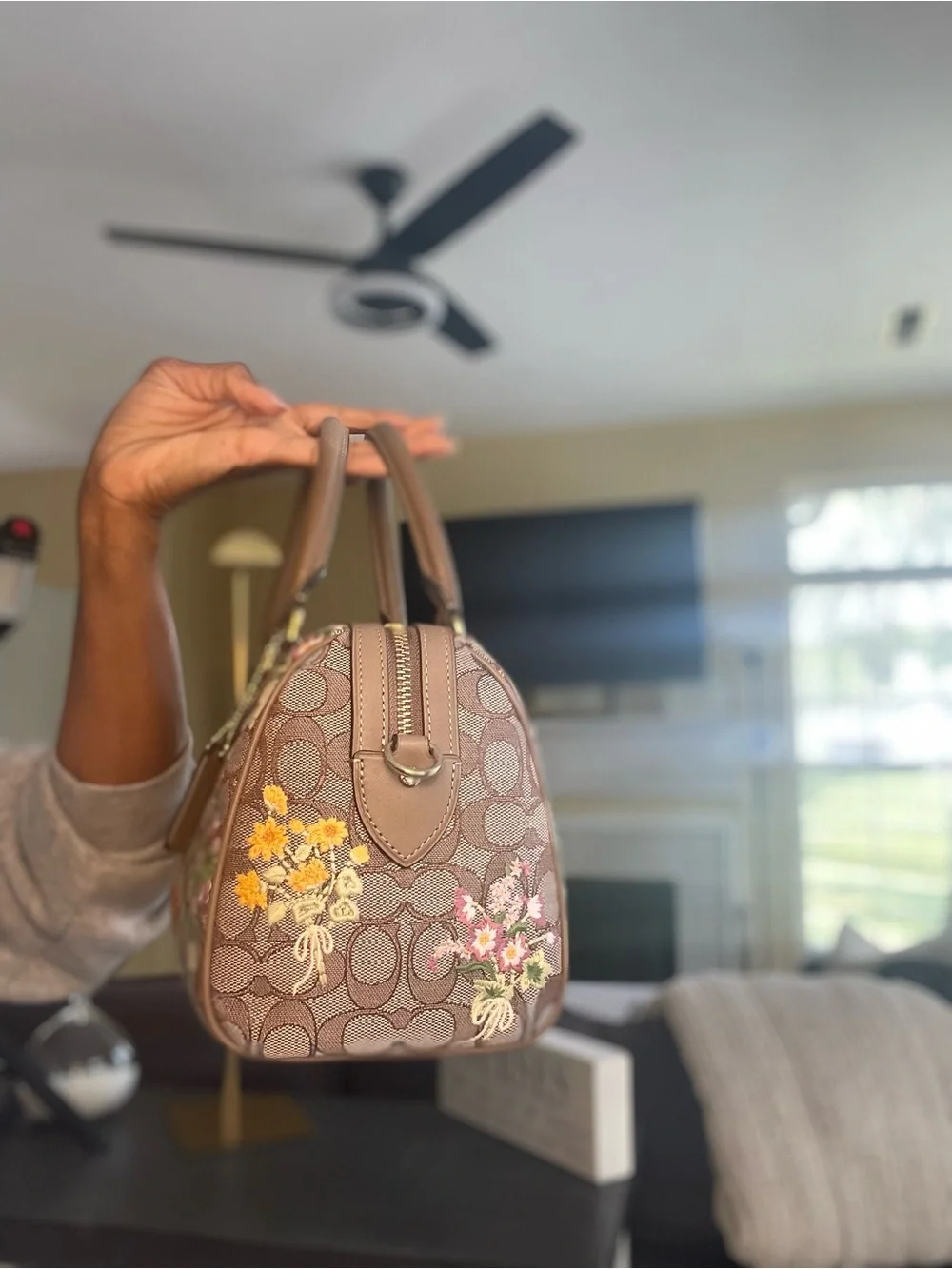 Coach Brown Signature Floral Embroidery Medium Rowan Satchel